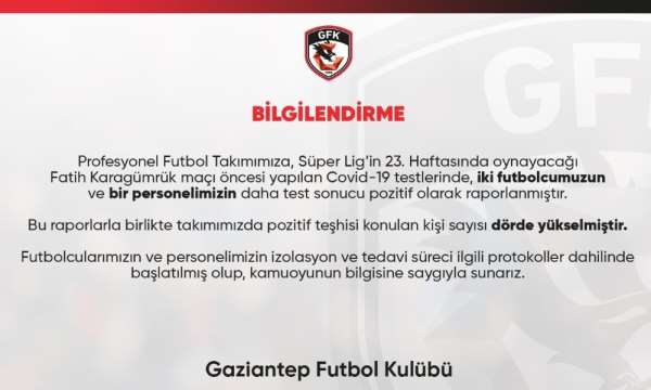 Gaziantep FK'da dört pozitif vaka 