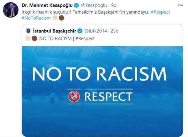 Bakan Kasapoğlu: 'Irkçılık insanlık suçudur! Temsilcimiz Başakşehir'in yanındayı