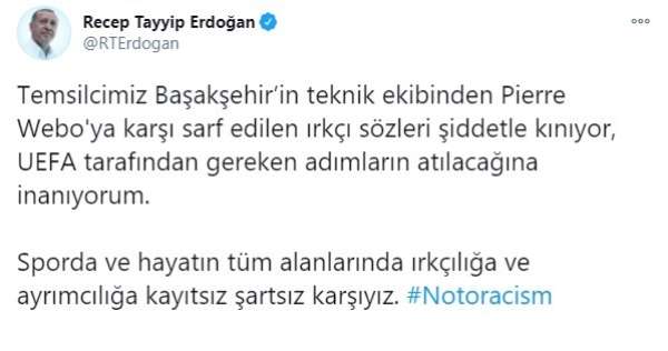 Cumhurbaşkanı Recep Tayyip Erdoğan: 'Sporda ve hayatın tüm alanlarında ırkçılığa