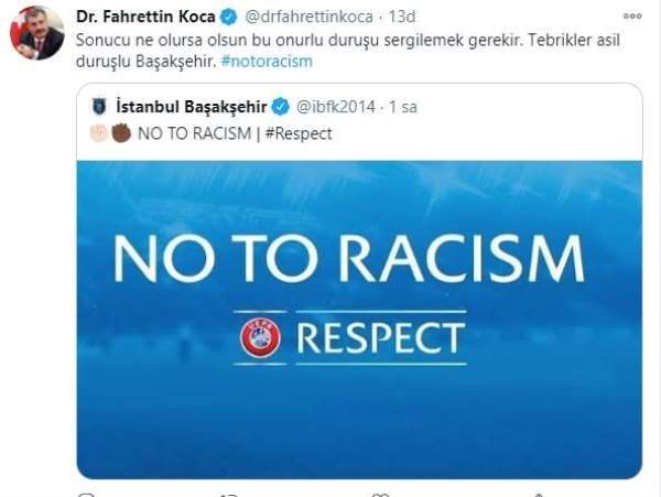 Sağlık Bakanı Fahrettin Koca: 'Tebrikler asil duruşlu Başakşehir' 