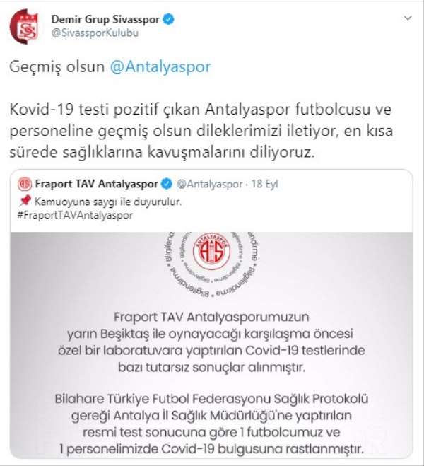 Sivasspor'dan Antalyaspor'a geçmiş olsun mesajı 