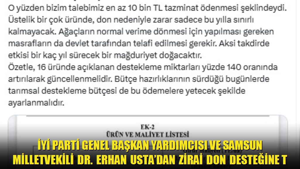 İYİ Parti Genel Başkan Yardımcısı ve Samsun Milletvekili Dr Erhan Ustadan Zirai Don Desteğine Tepkisi: Çiftçi Hayal Kırıklığına Uğratıldı
