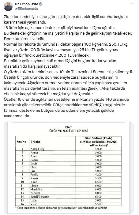 İYİ Parti Genel Başkan Yardımcısı ve Samsun Milletvekili Dr. Erhan Usta’dan Zirai Don Desteğine Tepkisi: “Çiftçi Hayal Kırıklığına Uğratıldı”