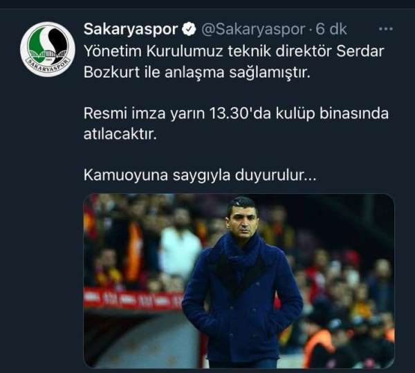 Sakaryaspor'un takımın başına Serdar Bozkurt'u getirdi 