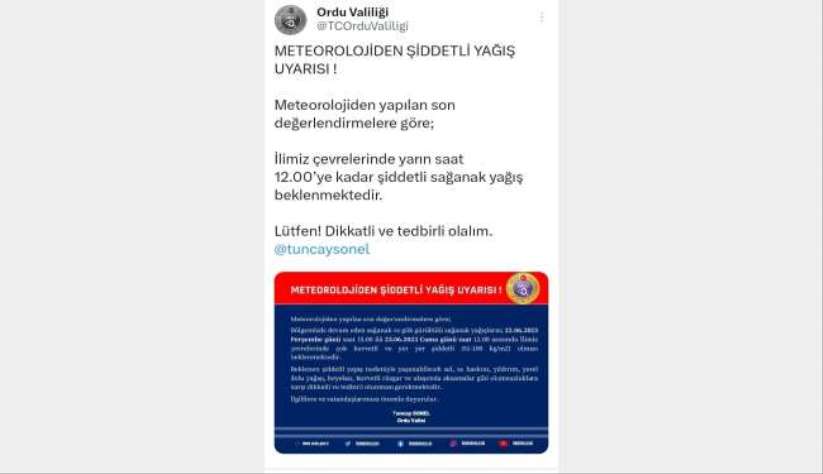 Ordu için çok kuvvetli ve şiddetli sağanak uyarısı